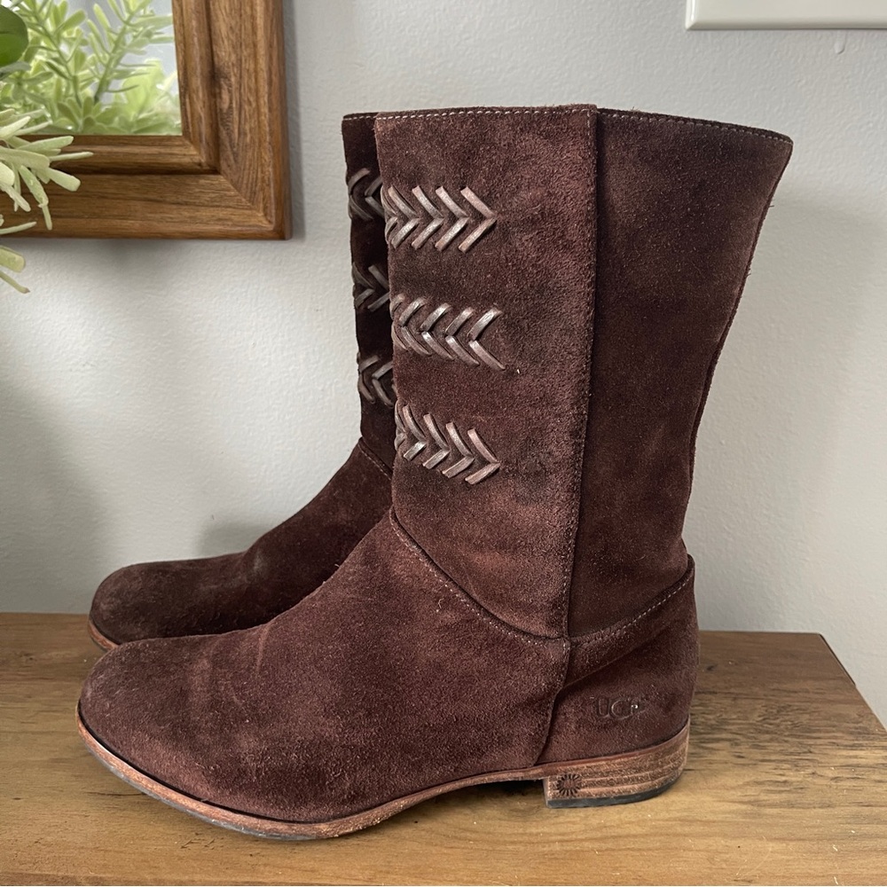 UGG Women's Chocolate Brown Suede Mid-Calf Braided Accent Boots